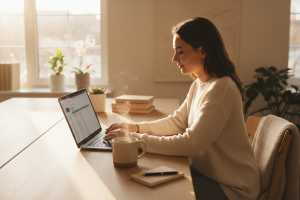 person reading financial article on laptop