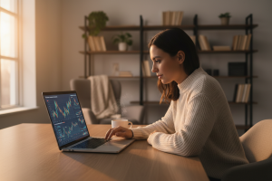 person looking investment charts and graphs on laptop