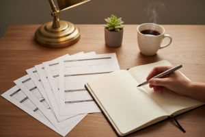 organized desk printed financial checklist notebook pen