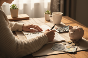 close up person writing budget planner