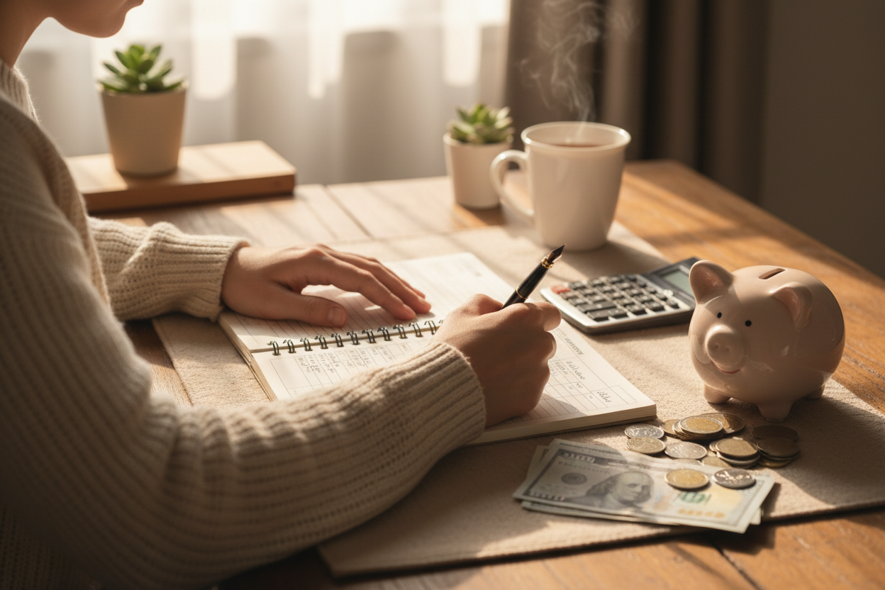 close up person writing budget planner